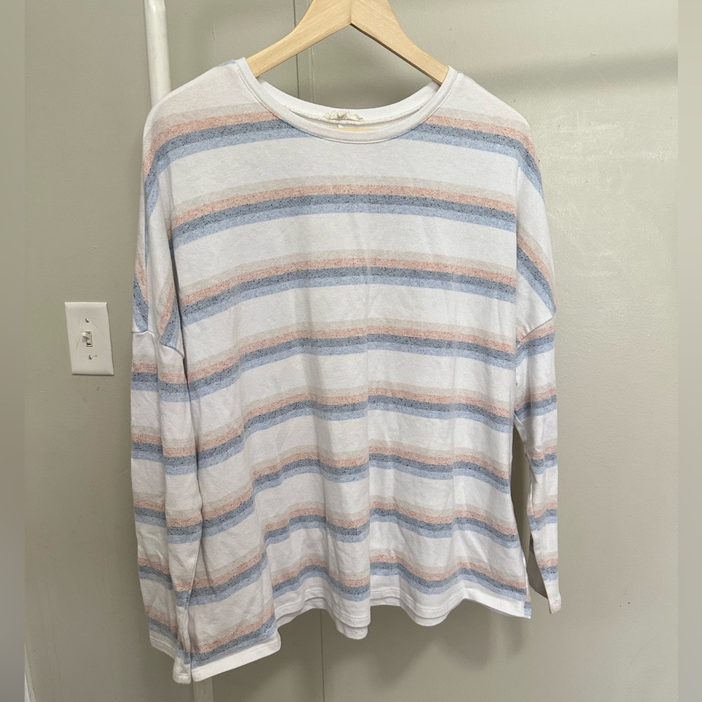 Easel Women’s White Blue Orange Striped Oversized Longsleeve Shirt size medium